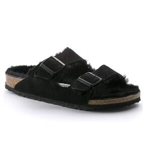 Birkenstock Women’s 6.5 Black Suede Shearling Fur Lined Slip-ON Buckle Sandals